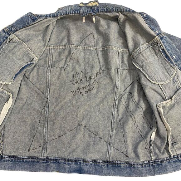 Upcycled Denim Jacket Womens Large Star Boho Grunge Patchwork Folk Art Coachella - Picture 3 of 14